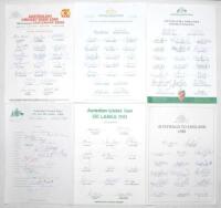 Australia tours to England 1980s. Six official Australian Cricket Board autograph sheets, all fully signed by the playing members. Tours are to England & Sri Lanka 1981 (21 signatures), Sri Lanka 1983 (16), England 1985 (17), 1989 (19), 1993 (21) and 1997