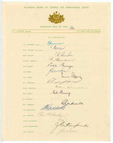 Australia tours to England 1956-1968. Three official Australian Board of Control for International Cricket autograph sheets, all fully signed by the playing members, for the tours to England 1956 (17 signatures), 1961(19) and 1968 (17). Signatures include