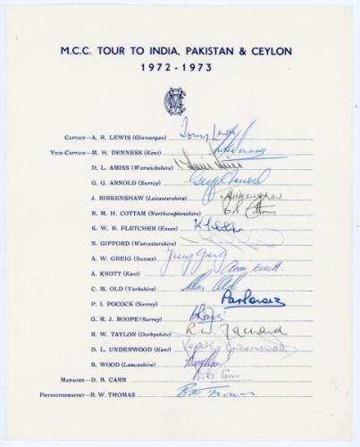 M.C.C. and England tours 1972-1980. Three official autograph sheets fully and nicely signed in ink by all playing members of the touring parties. Tours are to India, Pakistan & Ceylon 1972/73 (18 signatures), to Australia 1978/79 (19), and to Australia & 