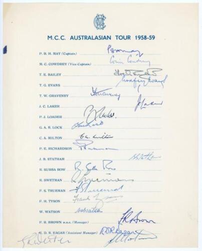 M.C.C. tour of Australia & New Zealand 1958/59. Official autograph sheet fully and nicely signed in ink by all twenty members of the touring party including the Signatures are May (Captain), Cowdrey, Bailey, Evans, Graveney, Laker, Loader, Lock, Milton, R