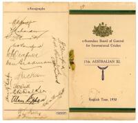 Australian tour of England 1930. Rare official folding tour itinerary for the Australian tour of England 1930. The front cover with decoration in gold and green with Australian emblem and ribbon tie. ‘Australian Board of Control for International Cricket’