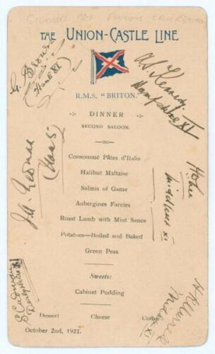 Union-Castle Line R.M.S. ‘Briton’ 1921. Official dinner menu dated 2nd October 1921. Nicely signed in black ink by six cricketers, G. Brown, A.S. Kennedy, J.A. Newman (Hampshire), H.W. Lee, H.R. Murrell (Middlesex) and S. Cadman (Derbyshire). Light circul