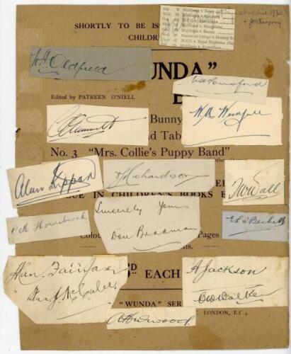 Australian tour of England 1930. A good selection of lovely signatures in ink individually signed on pieces by thirteen members of the Australia touring party, each laid down to a magazine cover of the period, plus the signature of Jack Gregory in pencil.