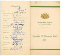 Australia XI Coronation Tour of England 1953. Official Australian Board of Control programme and itinerary for the tour to England. Decorative cover in green and gold with Australian emblem. To inside pages are the programme of matches to be played on the