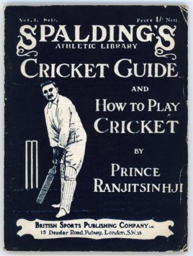 ‘Spalding’s Athletic Library. Cricket Guide and How to Play Cricket’. Prince Ranjitsinhji. British Sports Publishing Company, London. Vol. 1 No. 12, 1906. Original decorative black paper wrappers. Padwick 468. Minor wear to wrapper extremities, rusting to