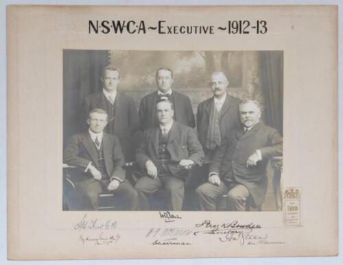 ‘N.S.W.C.A. [New South Wales Cricket Association] Executive 1912-13’. Original early sepia photograph of the six members of the committee, nicely signed to the lower mount border by all six officers. Signatures are W.P. McElhone (Chairman), Percy K. Bowde