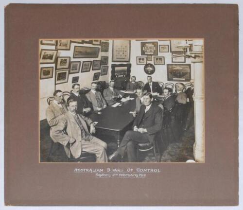 ‘Australian Board of Control. Sydney 2nd February 1912’. Original mono photograph of the twelve members of the Board seated around the table at a meeting held during the planning of the forthcoming tour to England. The Board members include W.P. McElhone 