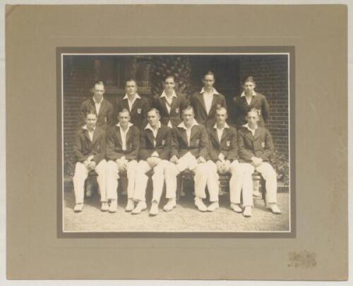 Australia. Victoria c.1935. Original official mono photograph of the Victoria team seated and standing in rows wearing blazers. The photograph is untitled, but appears to feature players including Ebeling (Captain), Hassett, Rigg, Bromley, Gregory, McCorm