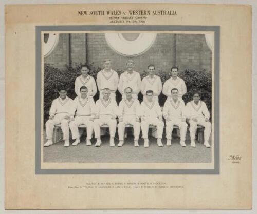 Australia. ‘New South Wales v. Western Australia’ 1960/61. Original mono photograph of the New South Wales team for the match played at Sydney, 9th- 13th December 1960. Players depicted seated and standing in rows wearing cricket attire. Printed title and