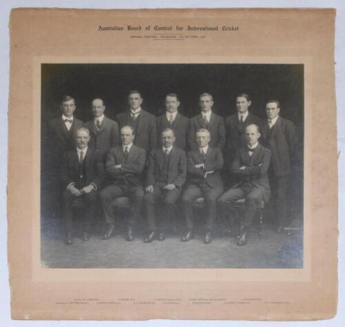 ‘Australian Board of Control for International Cricket. Annual Meeting, Melbourne 17th October 1919’. Large original mono photograph of the twelve members of the Board seated and standing in rows in formal attire. Printed title and members’ names to mount