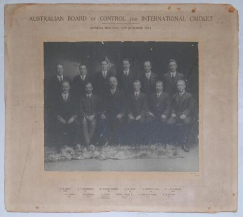 ‘Australian Board of Control for International Cricket. Annual Meeting, 15th October 1914’. Large original mono photograph of the twelve members of the Board seated and standing in rows in formal attire. Printed title and members’ names to mount borders. 