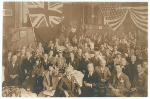 ‘Australian Cricket Team 1926. Welcome Luncheon tendered by John McEntee Bowman, President, Westchester- Biltmore Country Club. October 10, 1926, Rye, N.Y. U.S.A.’. Original large sepia photograph of a large number of the guests seated at tables, wearing 