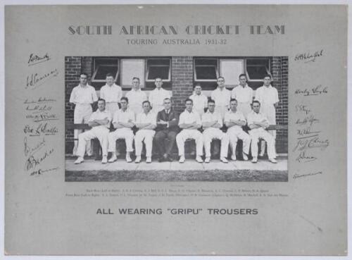 South Africa tours 1930s. Two photographs of South African touring parties. ‘South African Cricket Team Touring Australia 1932-32’, large mono printed promotional photograph of the South African team produced by ‘Gripu’ trousers. Printed titles, players’ 