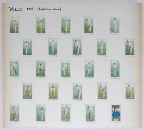 W.D. & H.O. Wills (Australian Issue). ‘Australian & English Cricketers’ series 1903. Full set of twenty five numbered cigarette cards loose mounted to large white card. A rare full set in very good condition.