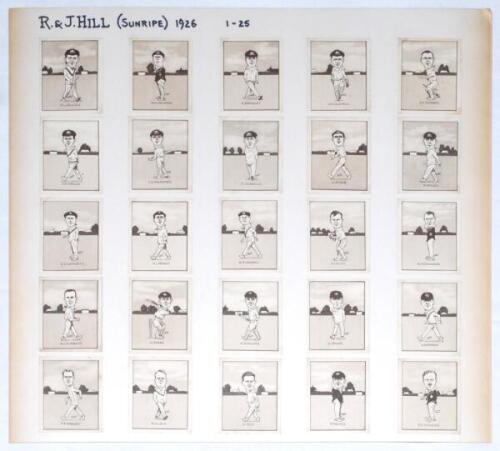 ‘Caricatures of Famous Cricketers including Test Teams’. R. & J. Hill ‘Sunripe’ Cigarettes. 1926. Full set of fifty larger cards from the series. Loose mounted to large white cards. Very good condition.