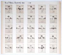 ‘Caricatures of Famous Cricketers including Test Teams’. R. & J. Hill ‘Sunripe’ Cigarettes. 1926. Full set of fifty larger cards from the series. Loose mounted to large white cards. Very good condition.