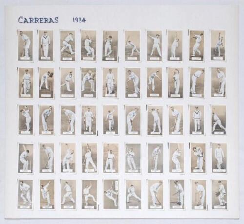 ‘A Series of Cricketers’ Carreras, London 1934. Full set of fifty cards, all with buff and white fronts, inscription to backs ‘Fine Quality Cigarettes’. Card no. 3 titled ‘B.J. Barnett’ to front, ‘B.A. Barnett’ to back. ‘Famous Cricketers’, Carreras ‘Turf