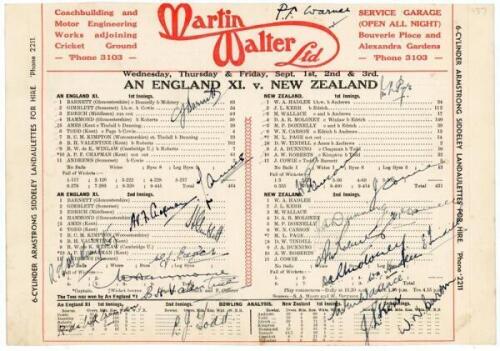 ‘An England XI v. New Zealand’ 1937. Official scorecard for the match played at Cheriton Sports Ground, Folkestone, 1st- 3rd September 1937. The scorecard with complete printed scores for the first innings of both teams, the England XI batting first and s