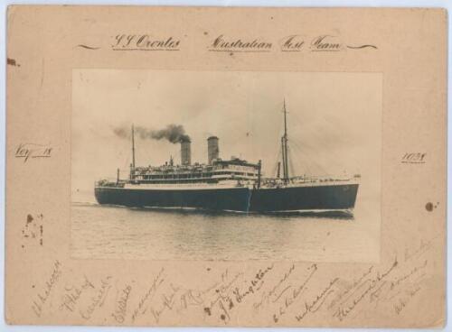 Australia tour to England 1938. ‘S.S. Orontes. Australian Test Team’. Original mono photograph of the ship on which the Australians voyaged on both outward and homeward legs of the tour. The photograph laid to official mount to lower border, which has bee