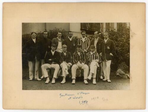 ‘Gentlemen v Players at Lord’s’ 1910. Original sepia photograph of the Gentlemen team seated and standing in rows wearing cricket attire and assorted caps and blazers for the match played 11th & 12th July 1910. players featured include H.K. Foster (Captai