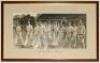 M.C.C. tour of Australia & New Zealand 1946/47. Excellent and original mono press photograph of the M.C.C. team walking out to field in the tour match against Wellington, with a portly looking Wally Hammond, as Captain, leading them out in front of the pa