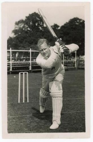 George Rammell Taylor. Hampshire 1935-1939. Mono press photograph of Taylor in batting pose at the wicket, playing an attacking drive. Official stamp for Daily Press, London to verso with press caption describing Taylor’s appointment as captain for season