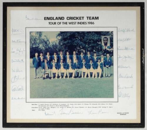 England tour of West Indies 1986. Official colour photograph of the touring party standing and seated in rows wearing blazers. The photograph, laid down to official photographers mount, with printed title and names to lower border. Signed to the borders b