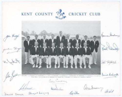 Kent. Official ‘Kent County Cricket Club’ printed photograph of the 1967 Gillette Cup winning team standing and seated in rows wearing blazers. Signed to the borders by fifteen players. Signatures are Cowdrey (Captain), Sayer, Denness, Leary, Dixon, Wilso