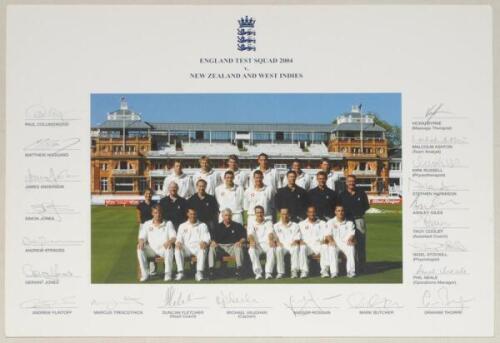 ‘England Test Squad 2004 v New Zealand and West Indies’. Official colour team photograph, fully signed to the border by all twenty playing members and support staff. Players’ signatures include Vaughan (Captain), Flintoff, Trescothick, Hussain, Butcher, T