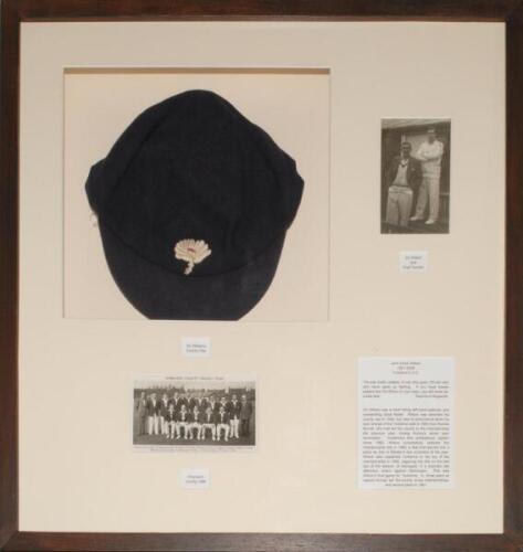 John Victor ‘Vic’ Wilson. Yorkshire 1946-1962. Yorkshire navy blue cloth 1st XI cricket cap with embroidered Yorkshire white rose emblem to front. The cap box mounted with printed caption ‘Vic Wilson’s County Cap’ below, mounted with two mono photograph/ 