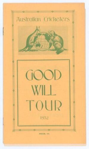 ‘Australian Cricketers. Goodwill Tour 1932’. Australian tour of Canada & America 1932. Scarce official brochure for the tour with pen pictures, biographies and itinerary. The tour started in Victoria, Canada on 17th June and finished in Hollywood on 28th 