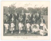 ‘Australian Cricketers. Goodwill Tour 1932’. An excellent mono photograph of the Australian touring team, standing and seated in rows, all wearing Australian blazers and eight wearing Australian caps, some in Australian Test caps and others in the caps pr