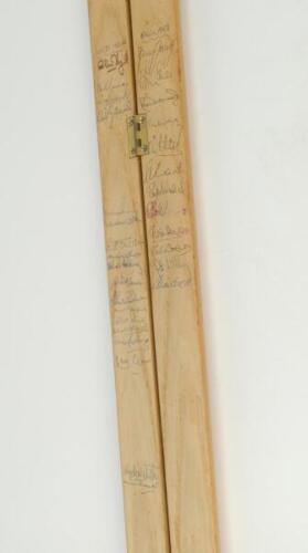 West Indies tour to England 1976. Split and hinged cricket stump signed by eighteen members of the West Indies touring party and by twelve members of the England team. Signatures include Lloyd, Fredericks, Richards, Gomes, Holding, Daniel, Greenidge, Padm