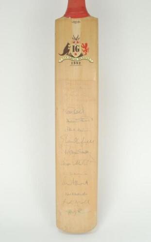 England 1992. ‘Ian Greig Benefit 1992’ cricket bat nicely signed in ink by the England team who played Pakistan at The Oval in August 1992. Eleven signatures including Gooch, Stewart, Gower, Tuffnell, Smith, Malcolm, Atherton, Ramprakash etc. Good conditi