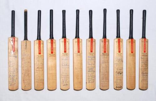 Miniature cricket bats. Eleven signed Gray Nicholls miniature bats for India 1979 (17 signatures), Sri Lanka 1980 (14), and England 1981 (13), and county teams, Hampshire 1979, Nottinghamshire c.1980, Derbyshire, Kent, Glamorgan, Somerset, Surrey and Warw