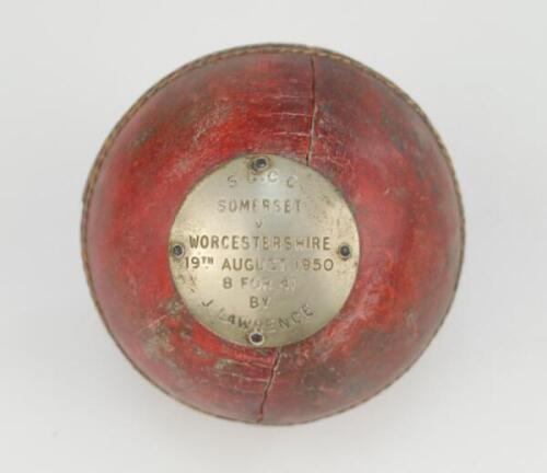 John Lawrence Somerset C.C.C. 1946-1955. ‘8-41, Worcestershire v Somerset 1950’. The cricket ball with which John Lawrence took eight wickets for forty one runs for Somerset in Worcestershire’s first innings at New Road, Worcester in 1950. The ball presen