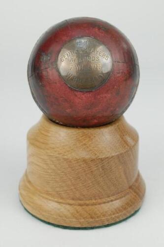 Walter Brearley. Lancashire, London County & England 1902-1912. Cricket ball, presented to Brearley for taking seven wickets for 104 runs for the Gentlemen against the platers, July 1905’. The ball with circular silver metal plaque with inscription ‘1905.