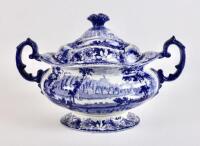 ‘Cricket at Windsor Castle soup tureen’. A very rare, large and impressive Goodwin & Harris ‘Metropolitan Scenery’ soup tureen with two blue handles and separate lid with finial printed in blue and embellished with a scene of Windsor Castle and the Thames