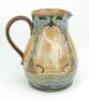 Doulton Lambeth stoneware jug, of bulbous form, moulded with relief vignettes of cricketers, a batsman, bowler and wicket keeper, Abel, Woods and McGregor in white on a brown background. With stylised floral leaf and flower Art Nouveau decoration to top a - 3