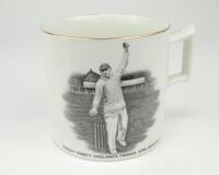 Hedley Verity. Yorkshire & England, 1930-39. W. Ellis of Bramley commemorative mug for ‘Hedley Verity, England’s Famous Spin Bowler’ with vignette of Verity in bowling pose. ‘Record bowling by Hedley Verity’ to verso with details of his bowling feats, fif