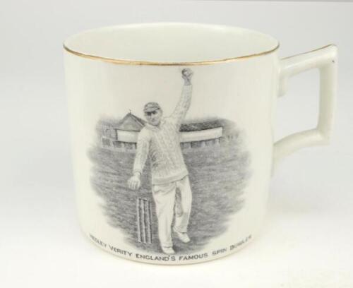 Hedley Verity. Yorkshire & England, 1930-39. W. Ellis of Bramley commemorative mug for ‘Hedley Verity, England’s Famous Spin Bowler’ with vignette of Verity in bowling pose. Verity’s ‘England and Australian Test Records’ to verso, ten wickets v Warwickshi