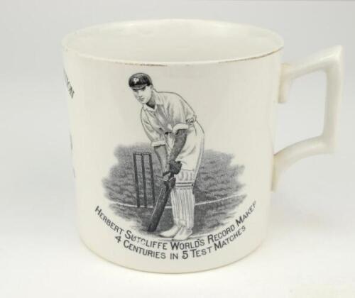 Herbert Sutcliffe, Yorkshire & England 1919-1945. W. Ellis Moorcroft of Bramley commemorative transfer printed mug for ‘Herbert Sutcliffe World Record Maker, 4 Centuries in 5 Test Matches’ with vignette of Sutcliffe in batting pose. With Pudsey Corporatio