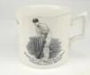 Herbert Sutcliffe, Yorkshire & England 1919-1945. W. Ellis Moorcroft of Bramley commemorative transfer printed mug for ‘Herbert Sutcliffe World Record Maker, 4 Centuries in 5 Test Matches’ with vignette of Sutcliffe in batting pose. With Pudsey Corporatio