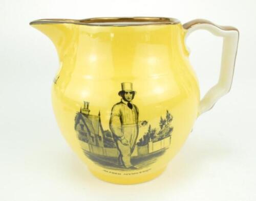 ‘The Noble Sport of Cricket. The Renowned Cricketers. George Parr and Alfred Mynn. Yellow jug with transfer printed images of the two players to each side with titles below. Gold lustre to rim and handle. Gray’s Pottery, Stoke-On-Trent (1907-1959). 5.25” 