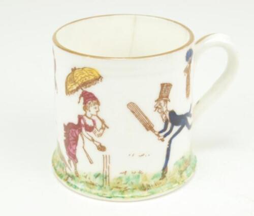 Cricket mug. Small Victorian Staffordshire ceramic mug printed in colour with amusing scenes of ladies and gentlemen playing cricket, the ladies wearing fashionable dresses and all carrying parasols, one gentlemen in top hat, two gentleman attempting to c