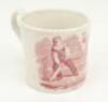 Cricket mug. Small ceramic mug with village cricket scene of boys playing cricket, in red, with trees and church to background with the title ‘Cricket’ below, circa 1900. Good condition. - 3