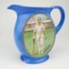 Herbert Sutcliffe. Yorkshire & England 1919-1945. New Hall Pottery blue water jug, printed with an oval colour portrait of Sutcliffe walking out to bat with stands to background, printed signature below. Crossed bats, stumps and cricket balls on crest to 