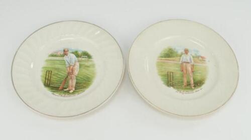 Sydney F. Barnes of Lancashire & England. A pair of 7.25” side plates with colour transfer printed vignettes of Barnes stood next to the wicket, one in bowling mode and one in batting pose, with inscription ‘Syd. F. Barnes-Famous International Bowler’. Go