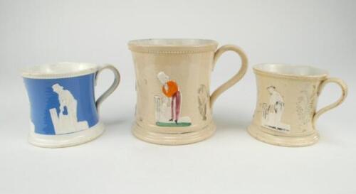 Cricket mugs. Three similer Staffordshire waisted mugs with strap handles and beaded rims. With three relief moulded figures of a batsman, bowler and wicket keeper, believed to be Lillywhite, Pilch and Box. Floral decoration between figures, c1880’s. The 