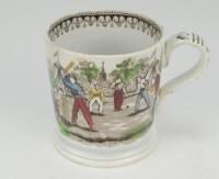 Victorian cricket mug. A 19th Century Staffordshire mug with transfer printed decoration in to either side of a cricket match in progress, with tents and church to the background some hand colouring, with an oak leaf design to inner rim, the handle with c